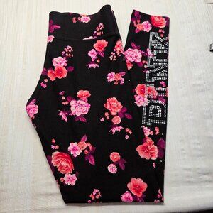 PINK Victoria's Secret Yoga Small Black Pink Floral Embellished Leggings